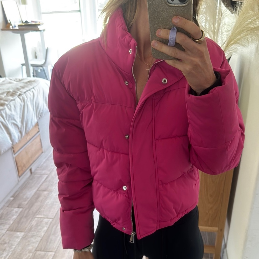 Aqua Pink Puffer Jacket Modern Cropped Design